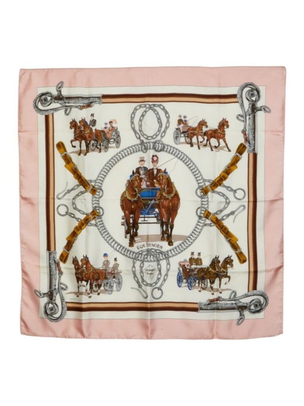 Hermes Carre 90 Equipages Horse Riding Carriage Equipment Scarf Large Pink
